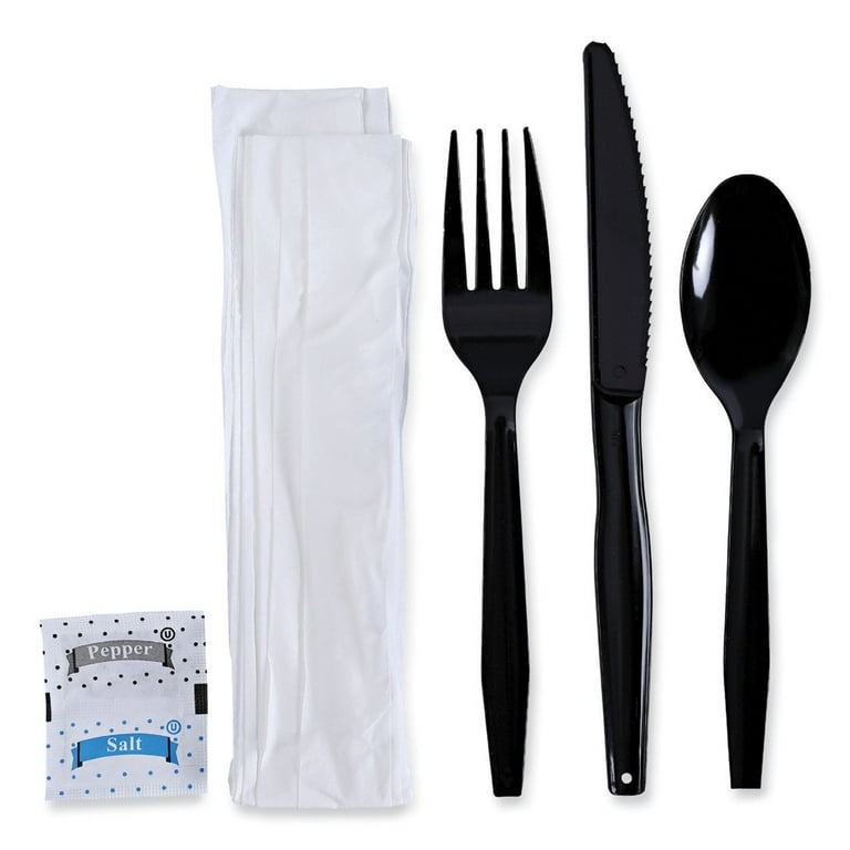 Six-Piece Cutlery Kit, Condiment/Fork/Knife/Napkin/Teaspoon, White, 250/Carton Six-Piece Cutlery Kit, Condiment/Fork/Knife/Napkin/Teaspoon, White, 250/Carton
