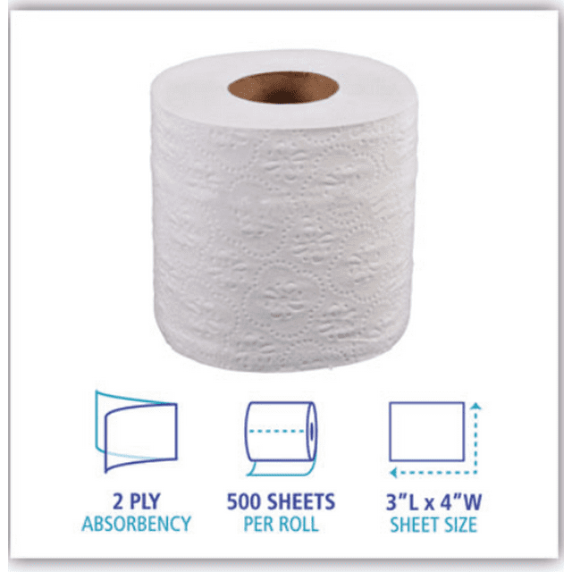 Boardwalk Bathroom Tissue, Standard, 2Ply, White, 4 x 3 Sheet, 500