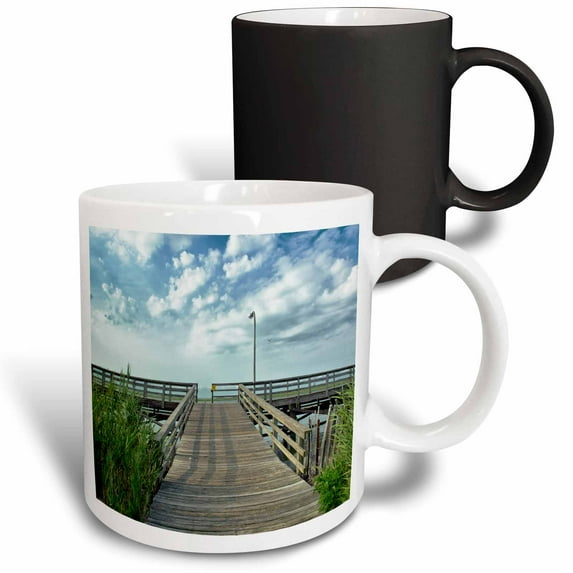 3drose, Boardwalk, Beach Foliage, Blue Skies and Clouds, 11oz Magic Transforming Mug