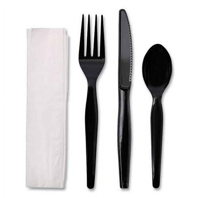Four-Piece Cutlery Kit, Fork/Knife/Napkin/Teaspoon, Black, 250/Carton Four-Piece Cutlery Kit, Fork/Knife/Napkin/Teaspoon, Black, 250/Carton
