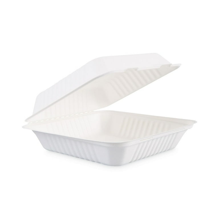 Bagasse Food Containers, Hinged-Lid, 3-Compartment 9 x 9 x 3.19, White, Sugarcane, 100/Sleeve, 2 Sleeves/Carton