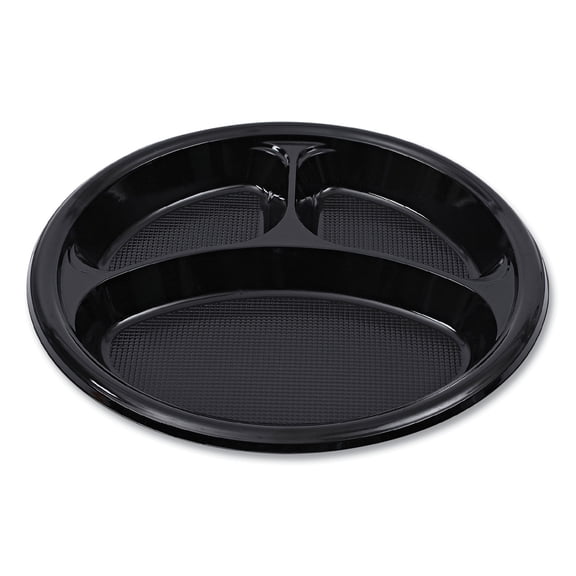Boardwalk Hi-Impact Plastic Dinnerware, Plate, 3-Compartment, 10" dia, Black, 125/Sleeve, 4 Sleeves/Carton