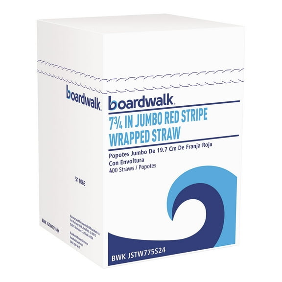 Boardwalk BWKJSTW775S24 7.75 in. Wrapped Jumbo Plastic Straws - White/Red Stripe (400/Pack, 25 Packs/Carton)