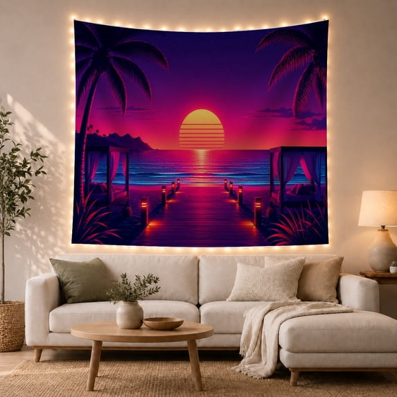 Boardwalk with Lights and Palm Silhouettes Over Calm Ocean, Nostalgic Retro for Beach Lovers, Coastal Scene Wall Art, Housewarming Gift, Tapestry Wall Hanging for Living Room and Dorm