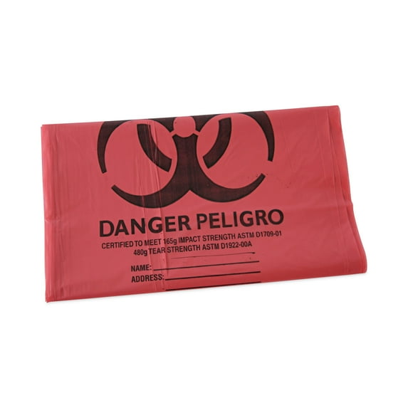 Boardwalk Linear Low Density Health Care Trash Trash Bags, 45 gal, 1.3 mil, 40 x 46, Red, 100/Carton