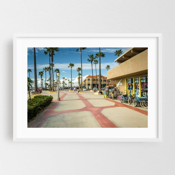The Boardwalk, Newport Beach 01 - Newport Beach California Photography Boardwalk Bicycle Beach House Palm Tree Coastal Surfboard Seaside White Framed Wall Art Print 12 x 18 inches