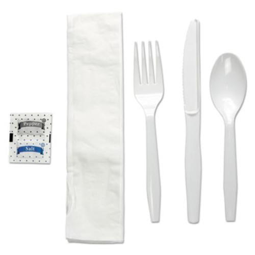 Boardwalk Six-Piece Cutlery Kit, Condiment/Fork/Knife/Napkin/Teaspoon, White, 250/Carton -BWKFKTNSMWPSWH