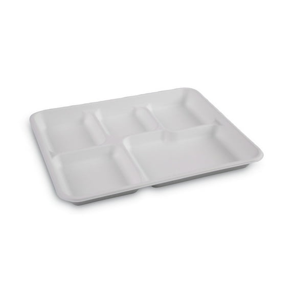 Boardwalk TL-15-TBW 5-Compartment 8 in. x 10 in. Bagasse Dinner Tray - White (500/Carton)