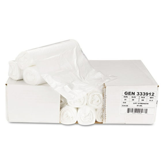 Boardwalk Z6639LN GR1 33 Gallon 9 mic 33 in. x 39 in. High-Density Can Liners - Natural (25 Bags/Roll, 20 Rolls/Carton)