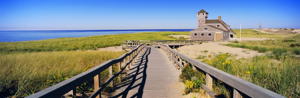 Boardwalk leading towards Old Harbor US Life Saving Station Nauset Beach Chatham Barnstable County Massachusetts USA Canvas Art - Panoramic Images (12 x 36)