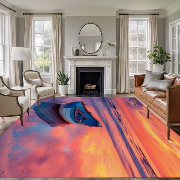 Boat 5x7 Rug for Living Room Sofa and Coffee Table Layout, Country Gradient Purple Yellow Sunset Ocean Boat Washable Non Slip Rectangle Area Rug
