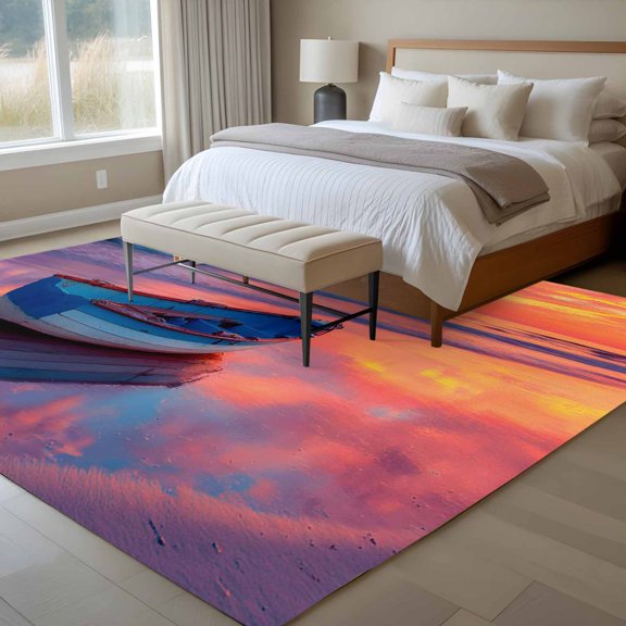 Boat 6x9 Rug for Dining Room Table and Chair Setup, Country Gradient Purple Yellow Sunset Ocean Boat Low Pile Washable Non Slip Rectangle Area Rug