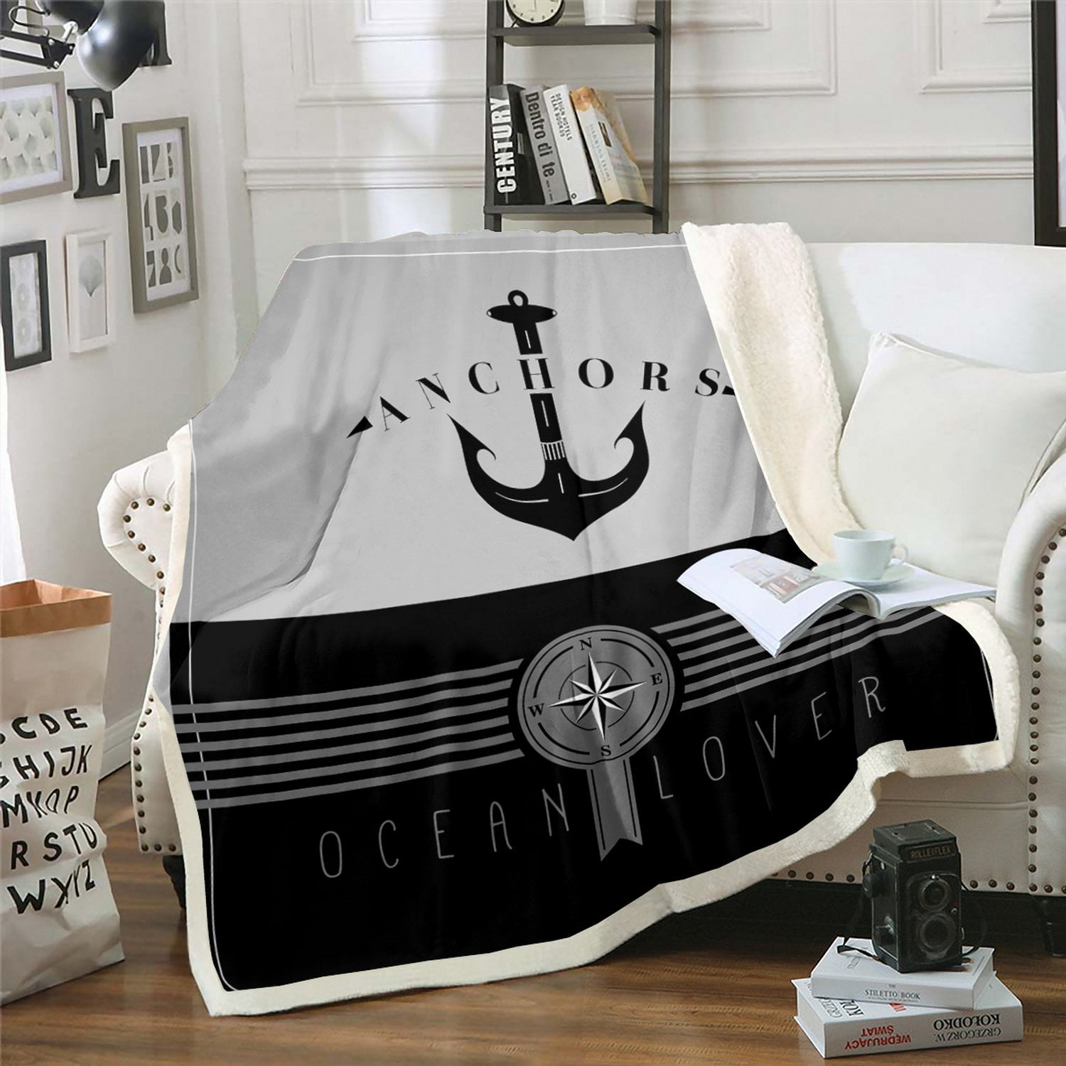 Red Anchor Nautical Pattern Print Hooded Blanket main image 0