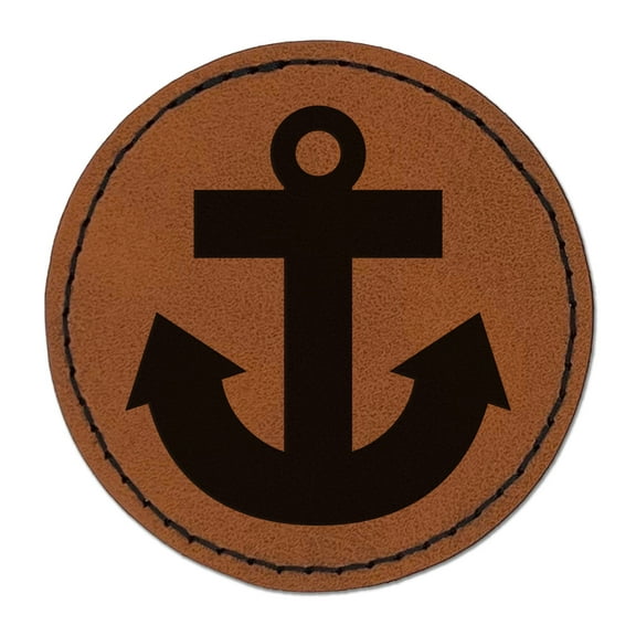 Boat Anchor Nautical 2.5" Faux Leather Round Engraved Iron-On Patch - Brown