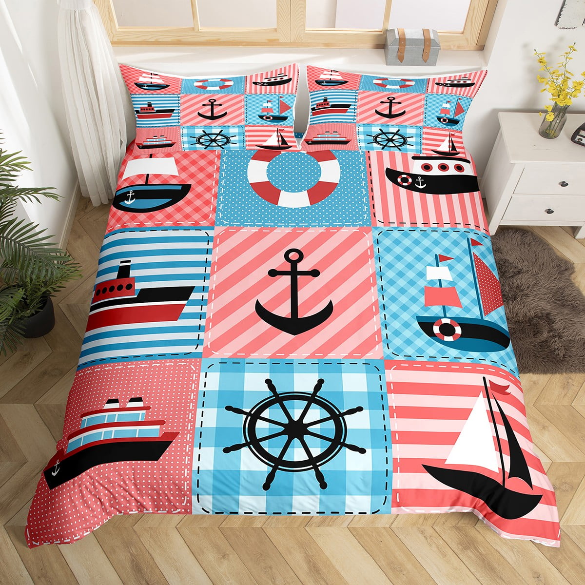 Boat Anchor Queen Bedding Set for Boys,Ocean Theme Sketch Nautical