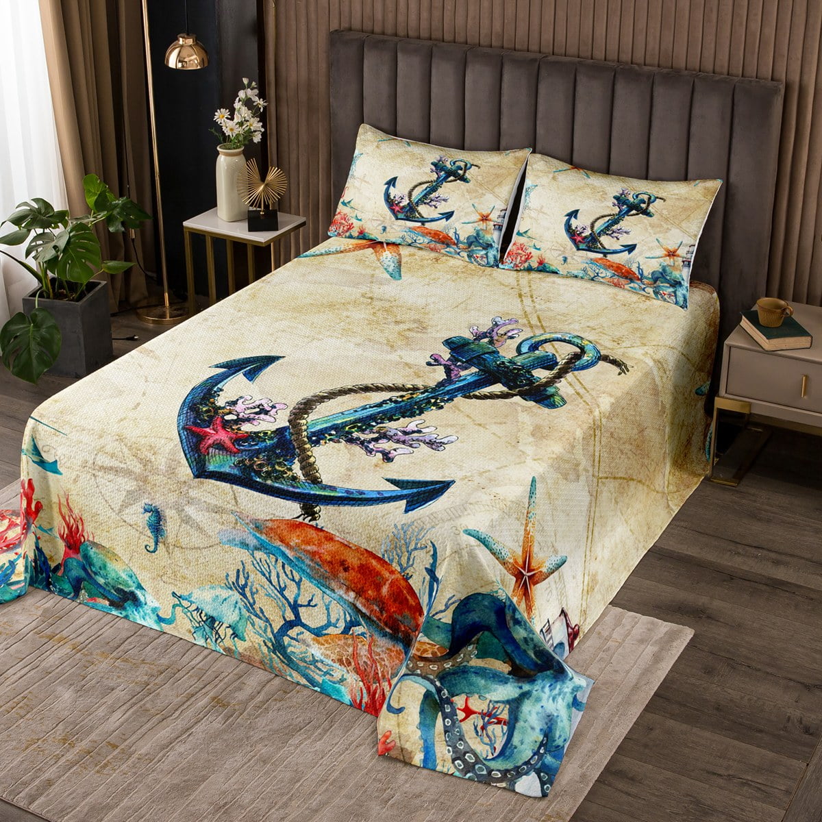 Boat Anchor Quilt Set Nautical Rope Knot Twin Bedspread Set for Boys ...