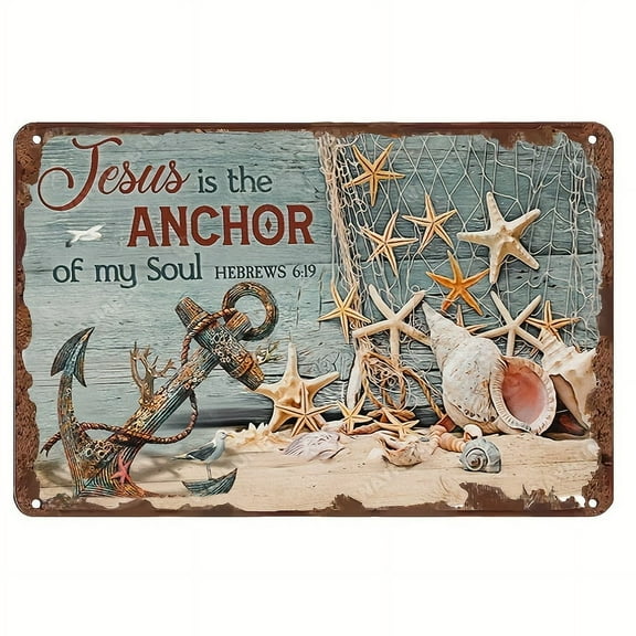 Boat Anchor Sea Stars Seashells Sand Beach Jesus Is The Anchor Of My Soul Retro Metal Tin Sign Home Wall Decor 12x8 Inch