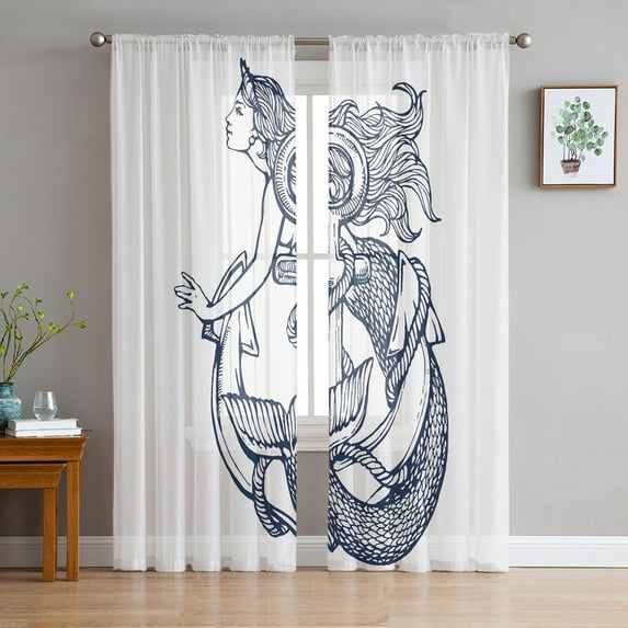 Boat Anchor Stripes Rectangle White Chiffon Sheer Curtains for Living Room Bedroom Home ration Window Voiles Tulle Curtain