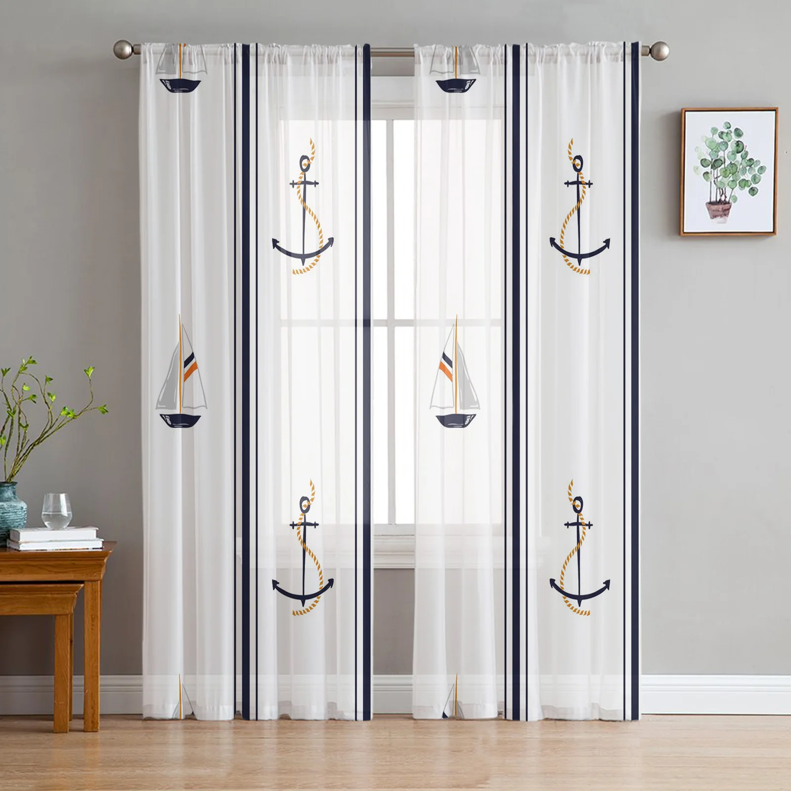 Boat Anchor Stripes Rectangle White Tulle Sheer Window Curtains for