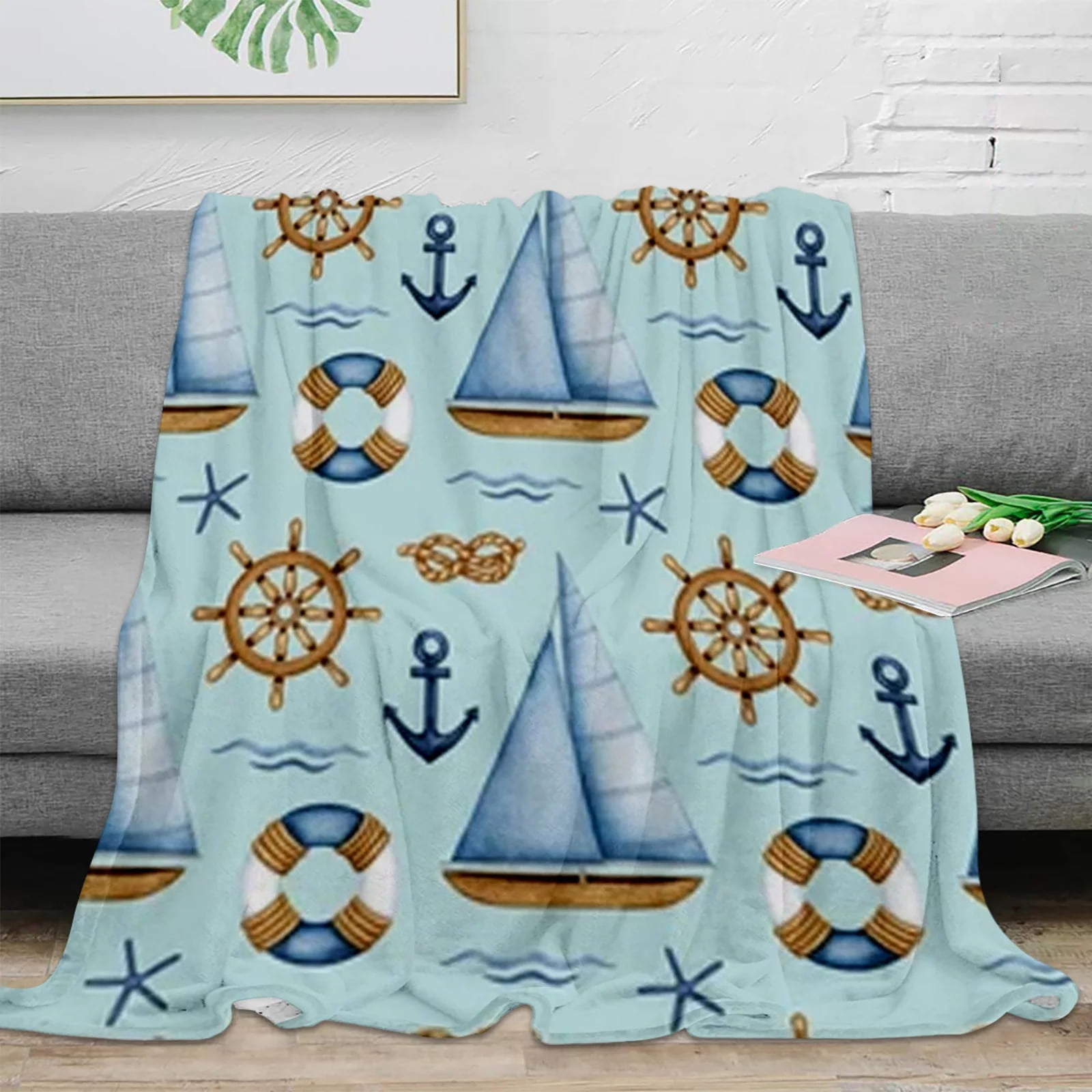 Boat anchor stripes white throw blanket portable warm blanket blankets