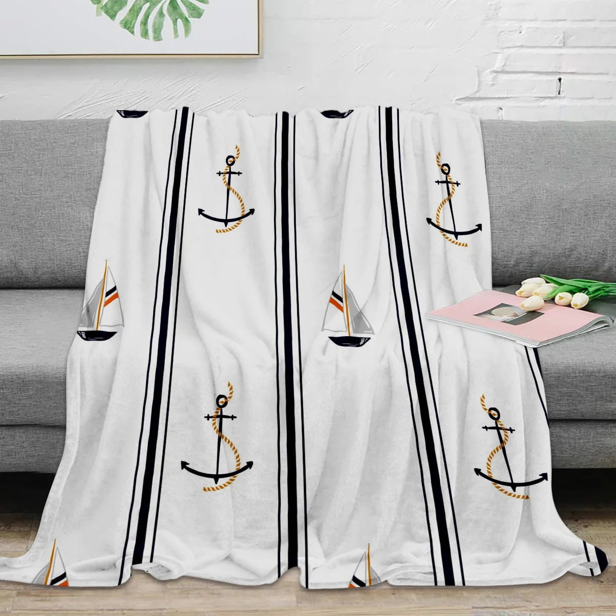 Boat anchor stripes white throw blanket portable warm blanket blankets