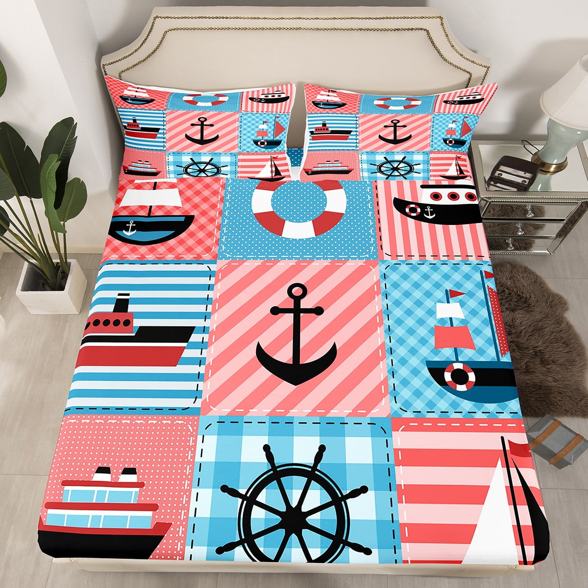 Boat Anchor Twin Bed Sheets for Boys,Ocean Theme Sketch Nautical ...