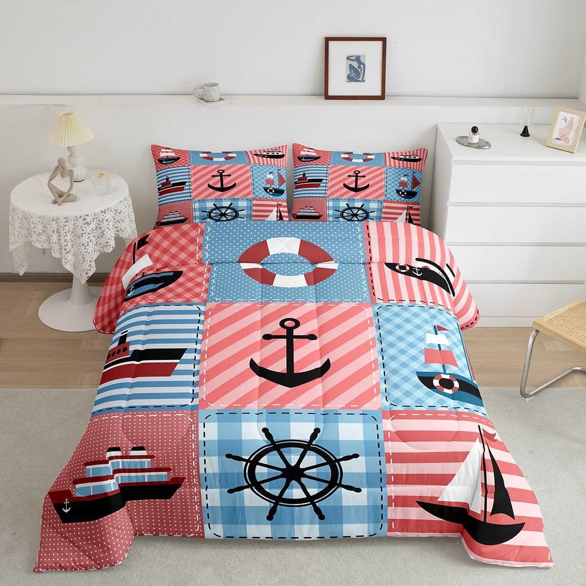 Boat Anchor Twin Bedding Set for Boys,Ocean Theme Sketch Nautical Quilt