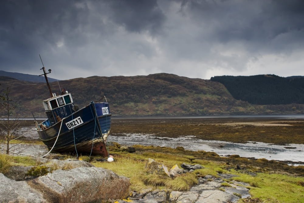 Boat Ashore Loch Sunart Scotland Canvas Art - John Short Design Pics (17 x 11)