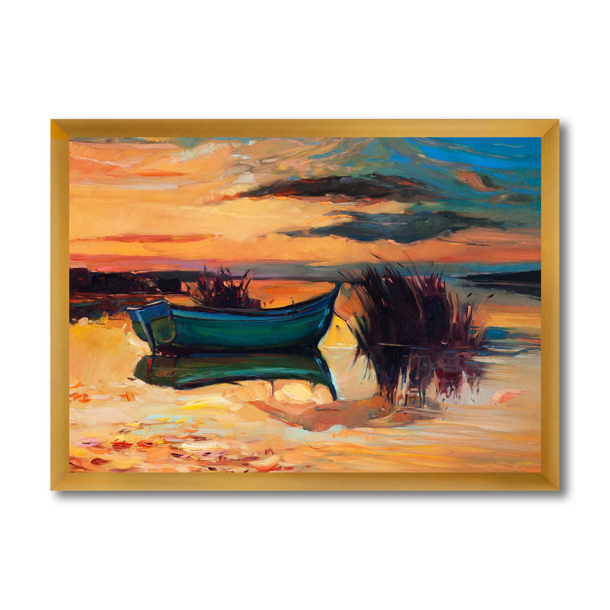 Boat At The Lake During Evening Glow I 20 in x 12 in Framed Painting Canvas Art Print, by Designart