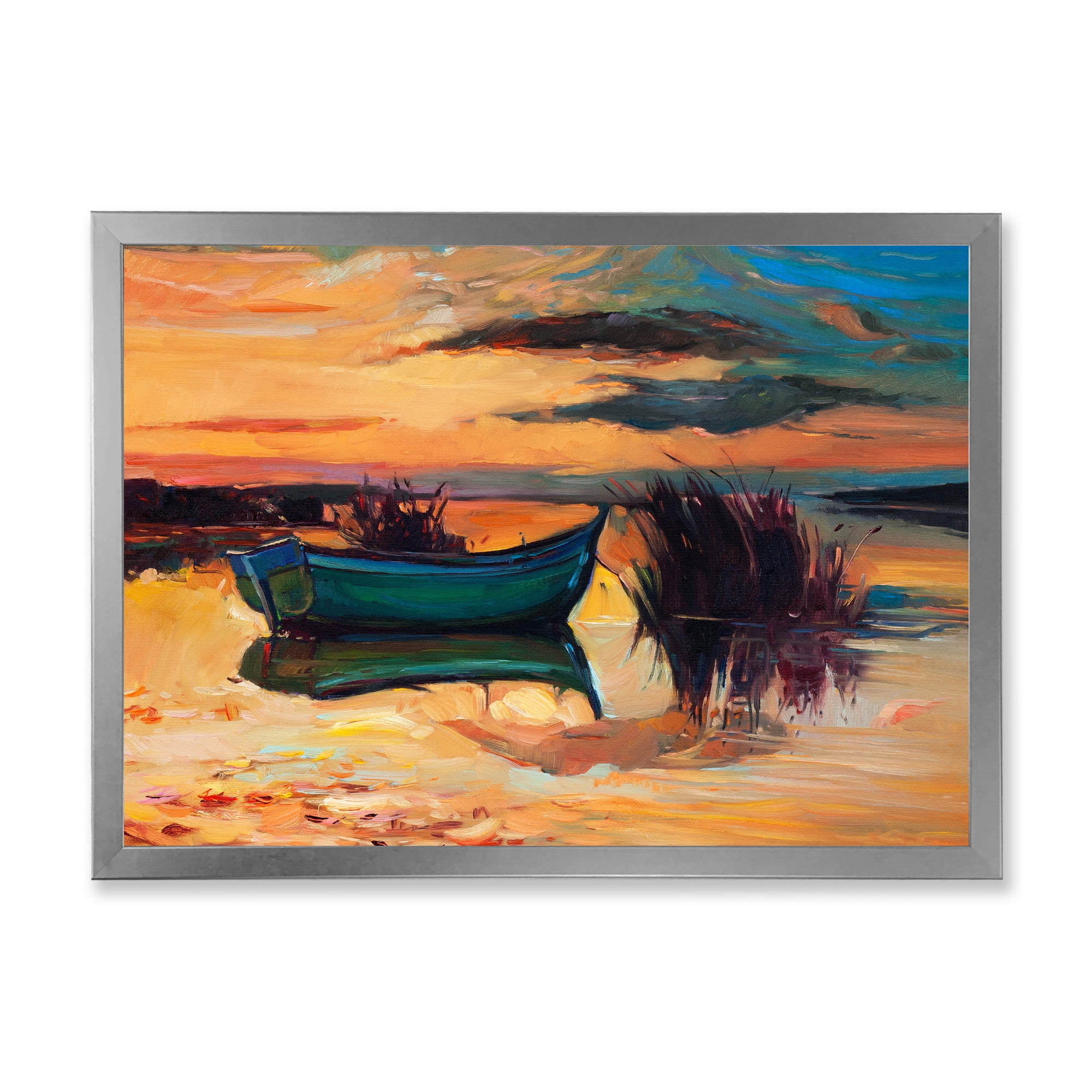Boat At The Lake During Evening Glow I 32 in x 16 in Framed Painting Canvas Art Print, by Designart