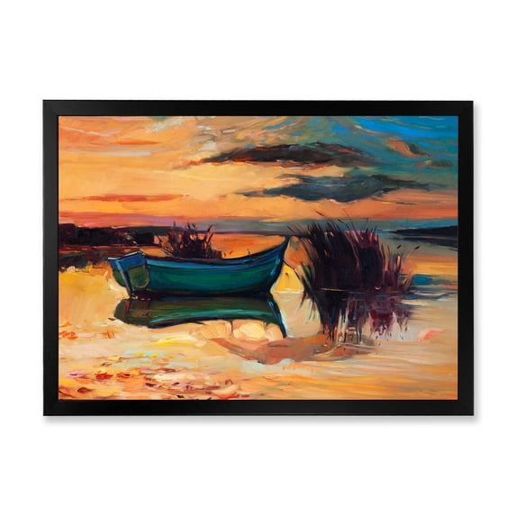 Boat At The Lake During Evening Glow I 32 in x 16 in Framed Painting Canvas Art Print, by Designart
