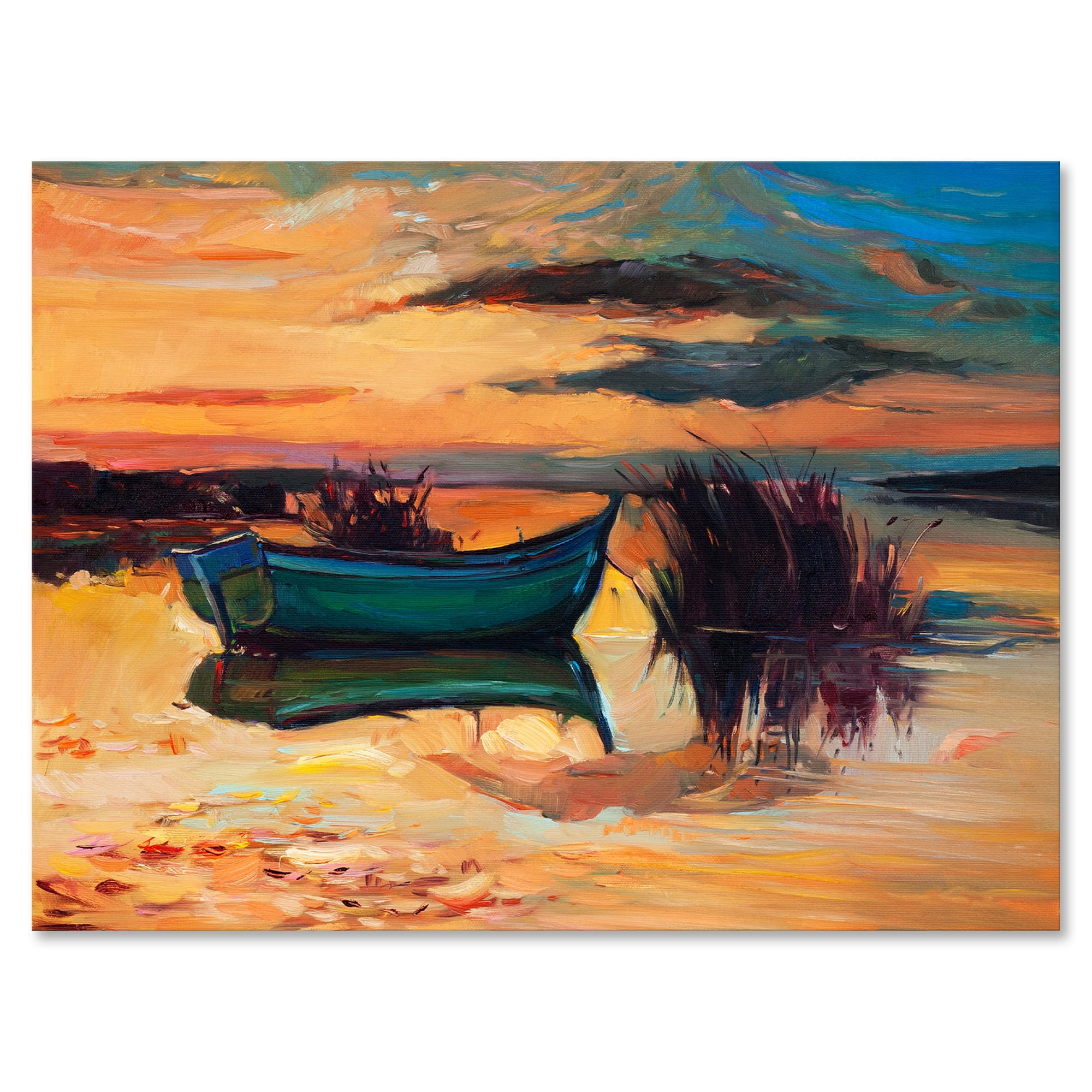Boat At The Lake During Evening Glow I 32 in x 16 in Painting Canvas Art Print, by Designart