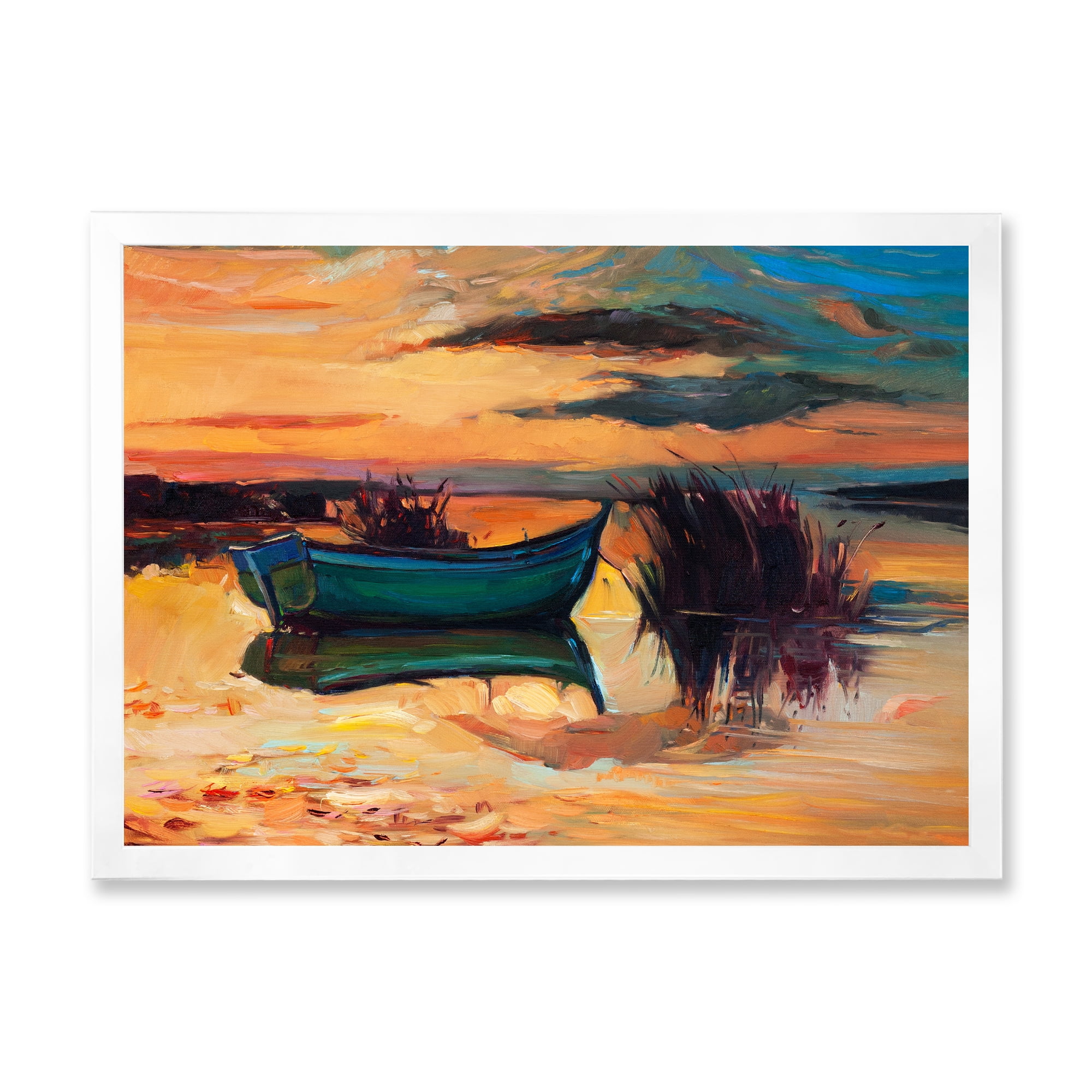 Boat At The Lake During Evening Glow I 32 in x 24 in Framed Painting Canvas Art Print, by Designart