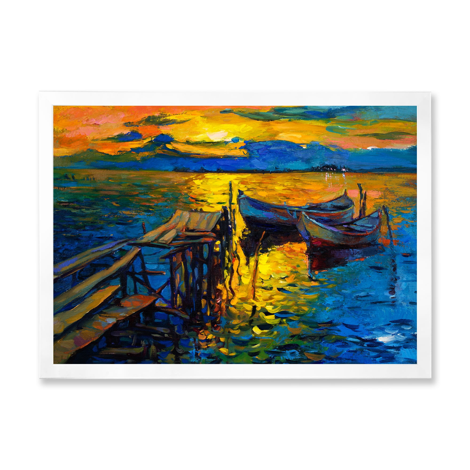 Boat At The Lake During Evening Glow II 32 in x 16 in Framed Painting Canvas Art Print, by Designart