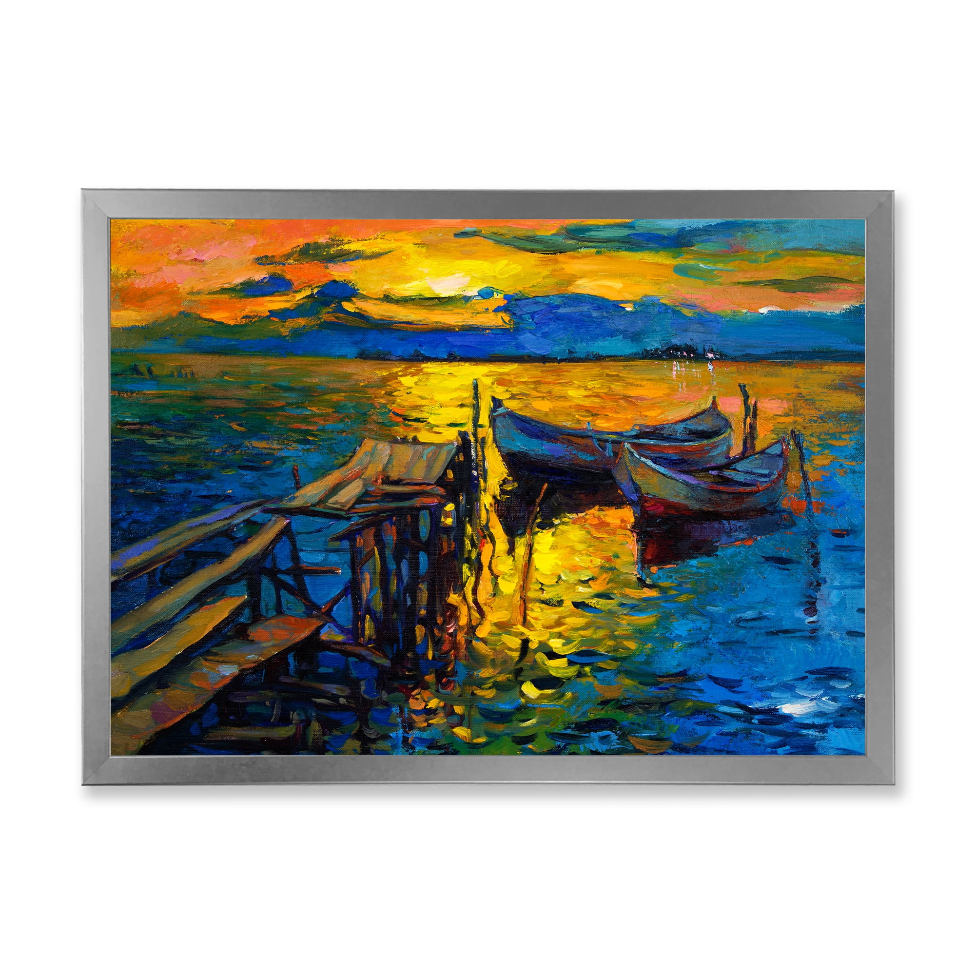 Boat At The Lake During Evening Glow II 32 in x 16 in Framed Painting Canvas Art Print, by Designart