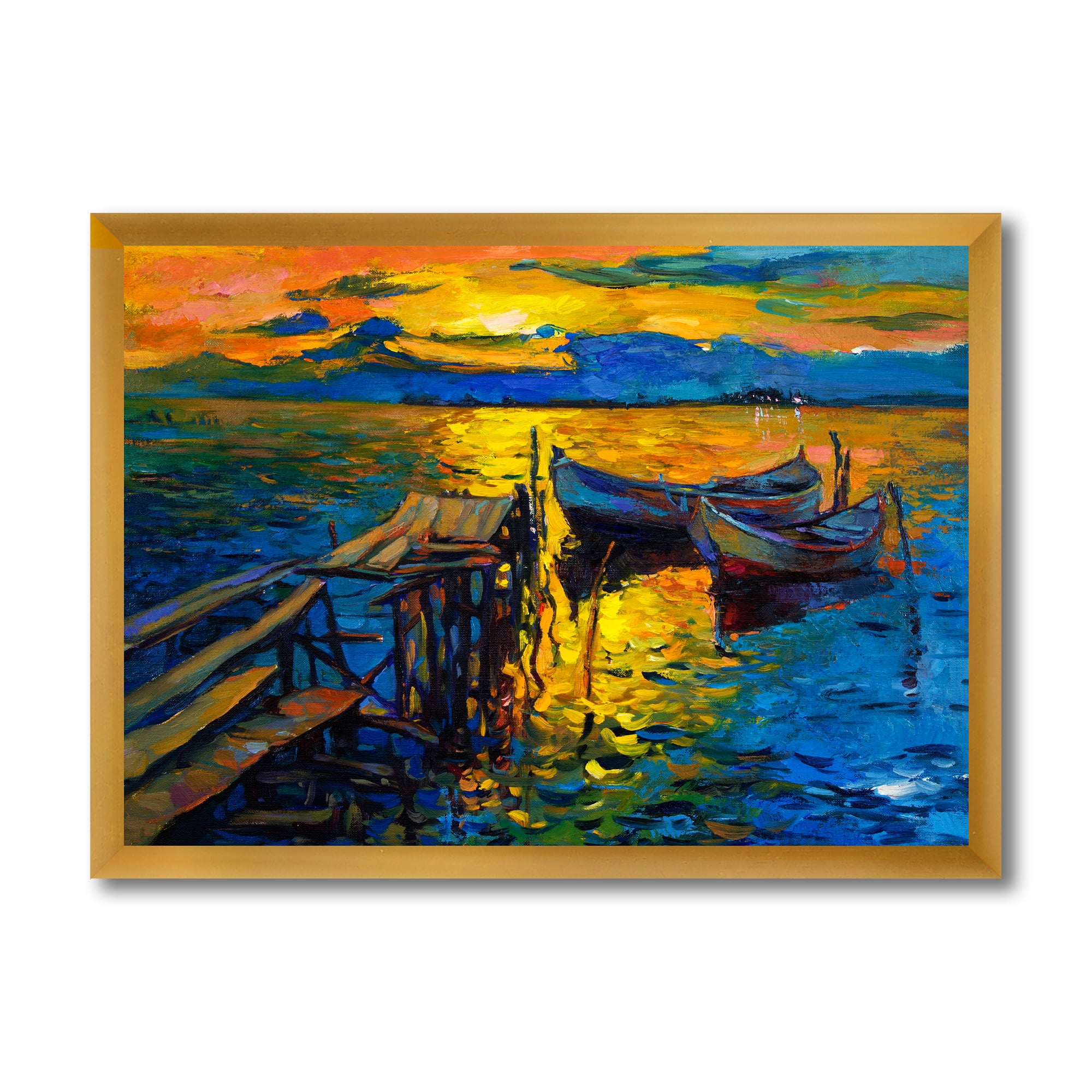 Boat At The Lake During Evening Glow II 40 in x 30 in Framed Painting Canvas Art Print, by Designart