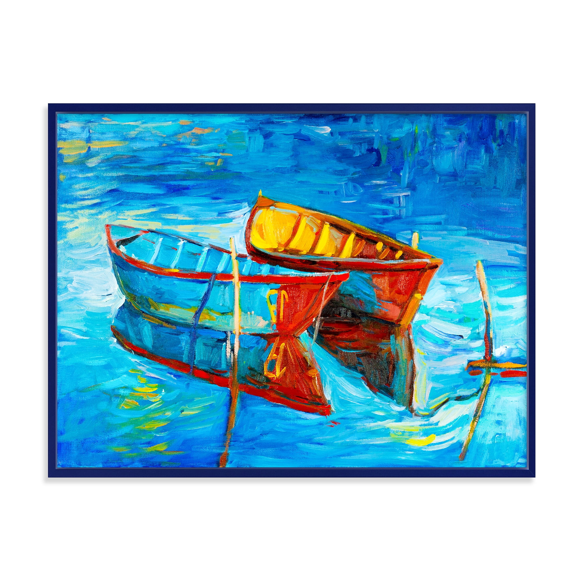 Boat At The Lake During Evening Glow III 32 in x 16 in Framed Painting Canvas Art Print, by Designart