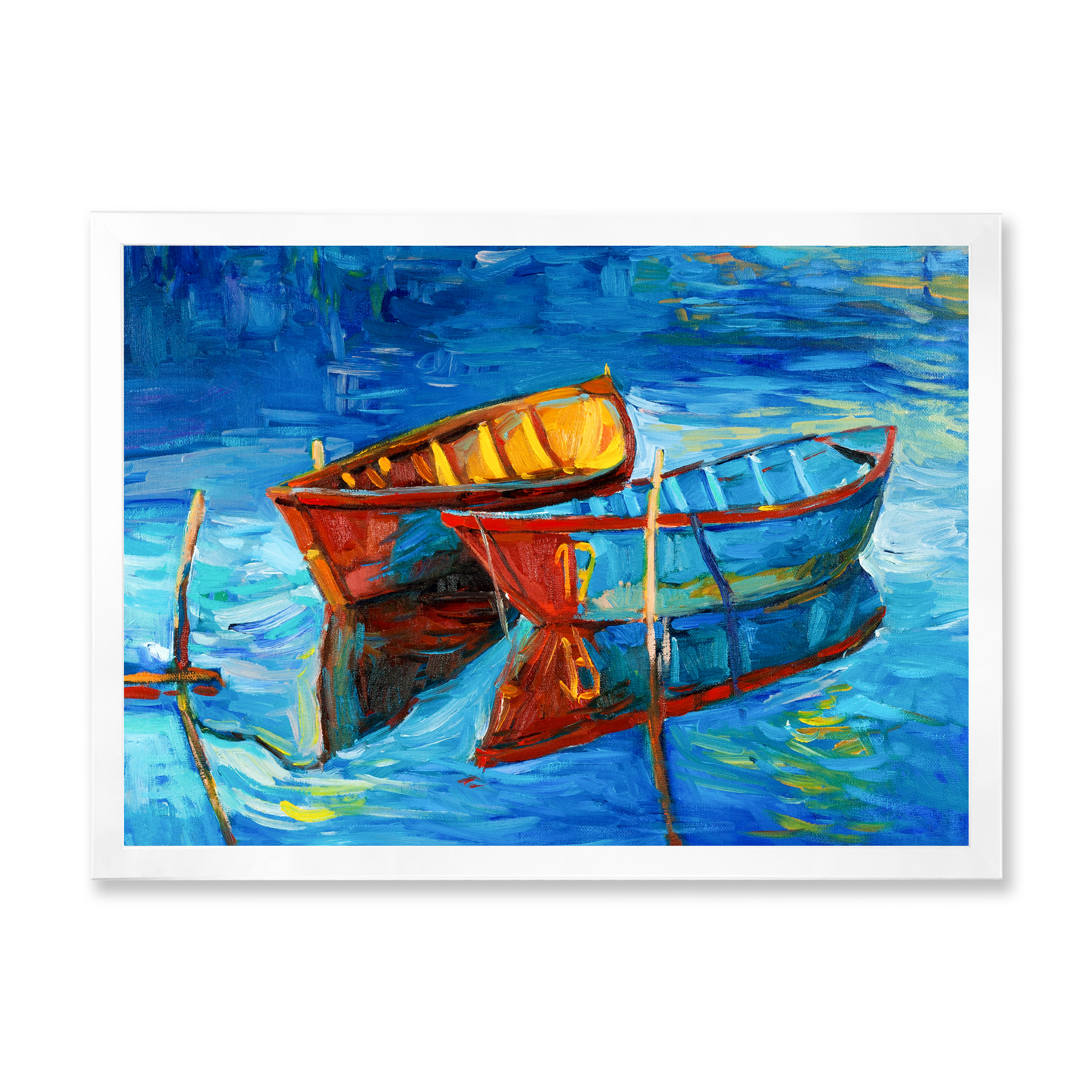 Boat At The Lake During Evening Glow III 32 in x 16 in Framed Painting Canvas Art Print, by Designart