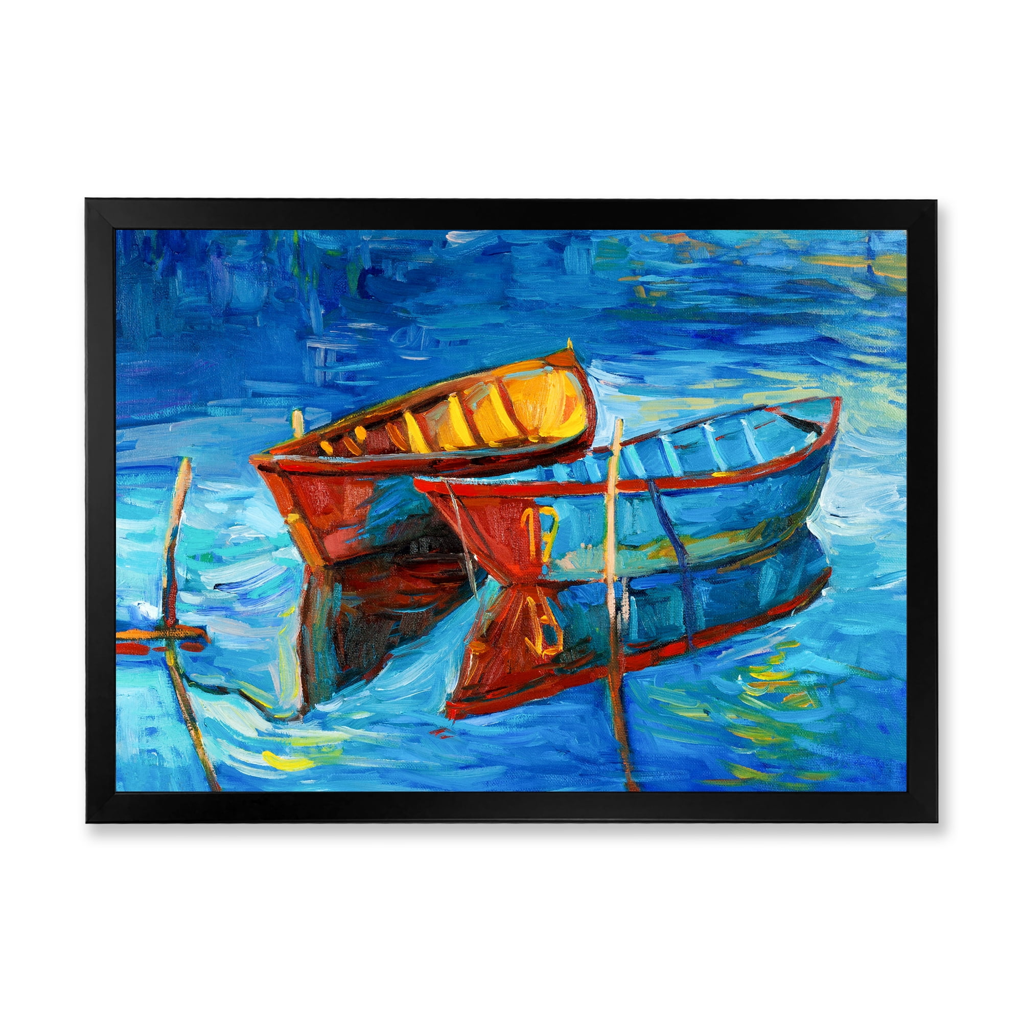 Boat At The Lake During Evening Glow III 32 in x 24 in Framed Painting Canvas Art Print, by Designart