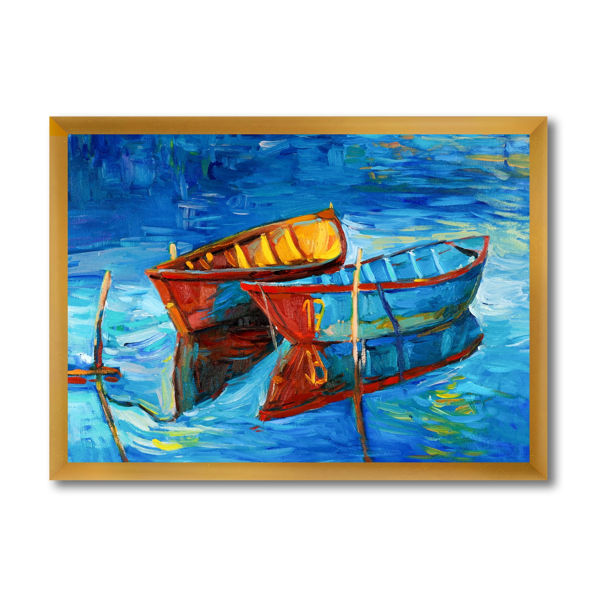 Boat At The Lake During Evening Glow III 40 in x 30 in Framed Painting Canvas Art Print, by Designart
