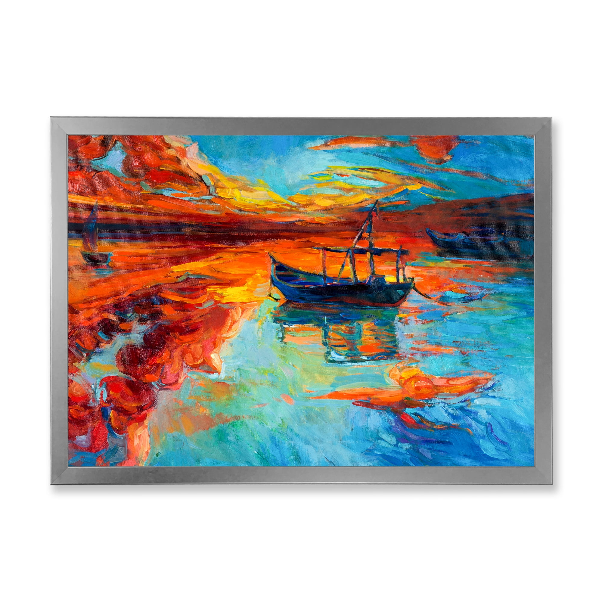 Boat At The Lake During Evening Glow IV 32 in x 16 in Framed Painting Canvas Art Print, by Designart