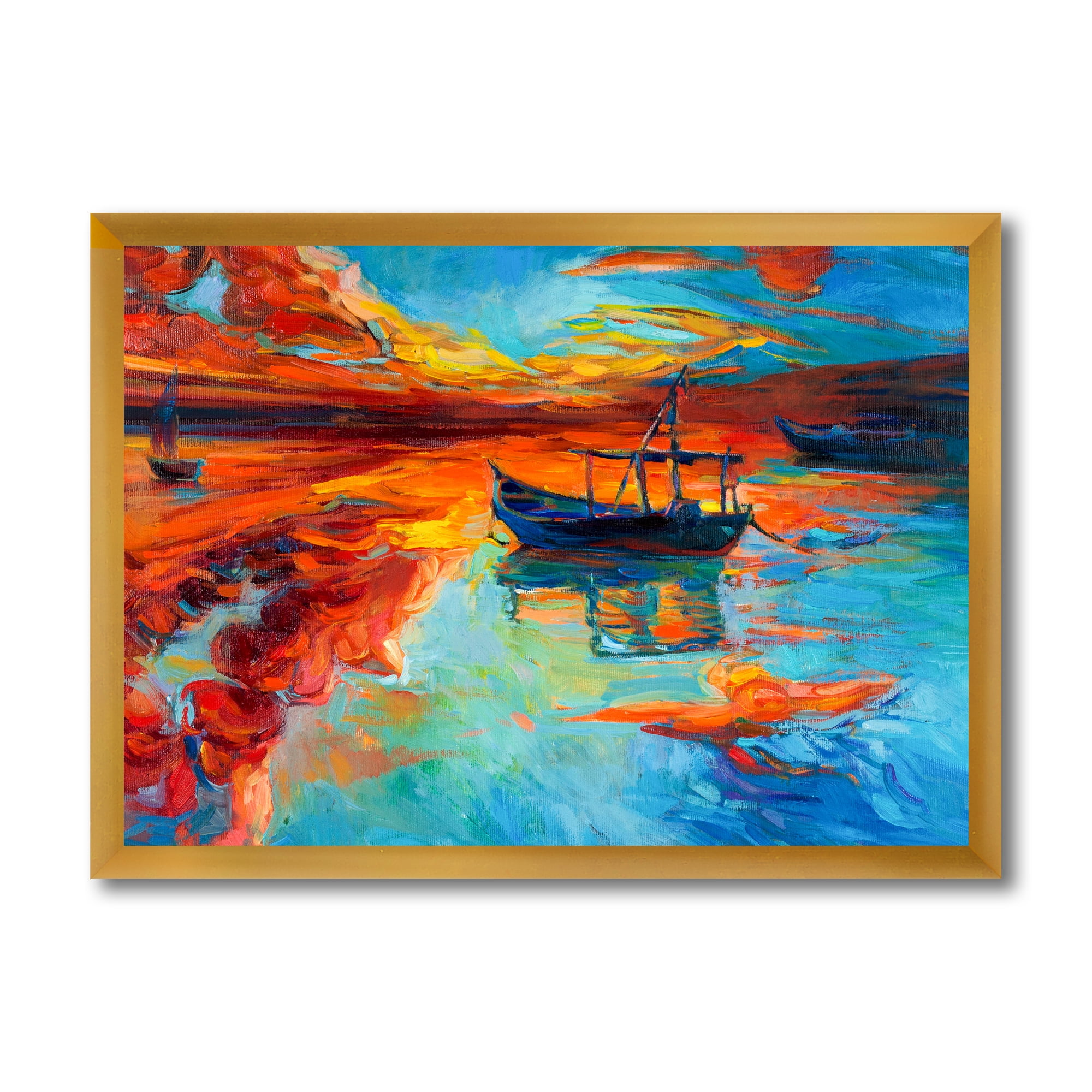 Boat At The Lake During Evening Glow IV 32 in x 16 in Framed Painting Canvas Art Print, by Designart