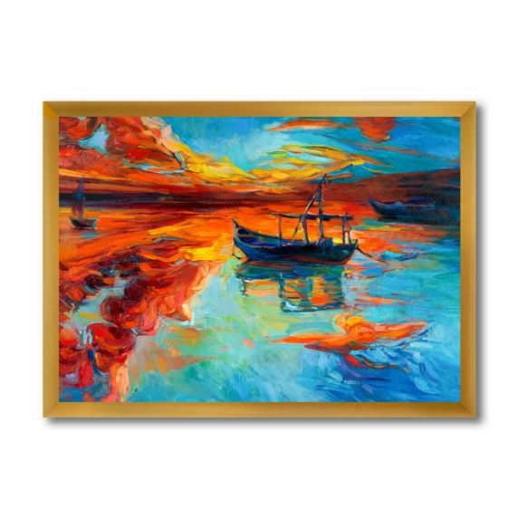 Boat At The Lake During Evening Glow IV 32 in x 16 in Framed Painting Canvas Art Print, by Designart