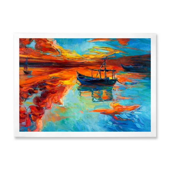 Boat At The Lake During Evening Glow IV 32 in x 24 in Framed Painting Canvas Art Print, by Designart