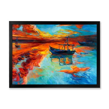 Boat At The Lake During Evening Glow IV 40 in x 30 in Framed Painting Canvas Art Print, by Designart