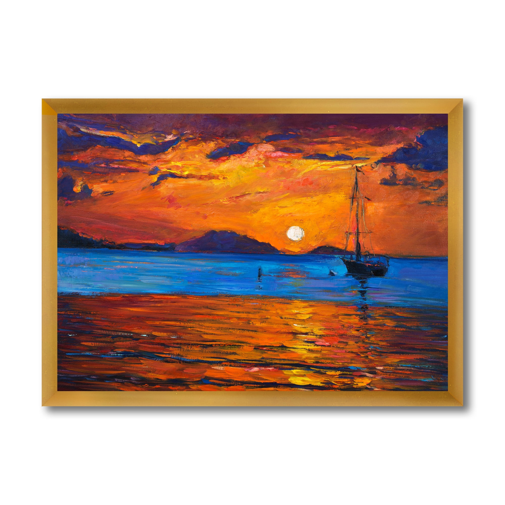 Boat At The Lake During Evening Glow IX 20 in x 12 in Framed Painting Canvas Art Print, by Designart