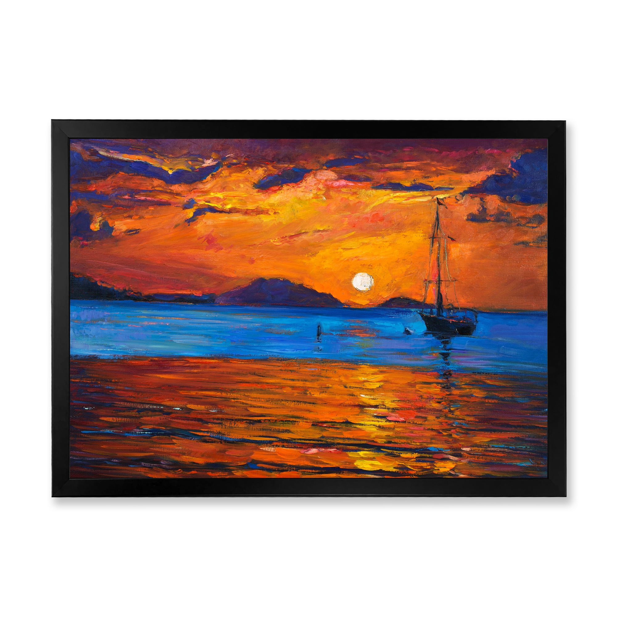 Boat At The Lake During Evening Glow IX 20 in x 12 in Framed Painting Canvas Art Print, by Designart