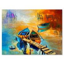 Boat At The Lake During Evening Glow V 12 in x 8 in Painting Canvas Art Print, by Designart