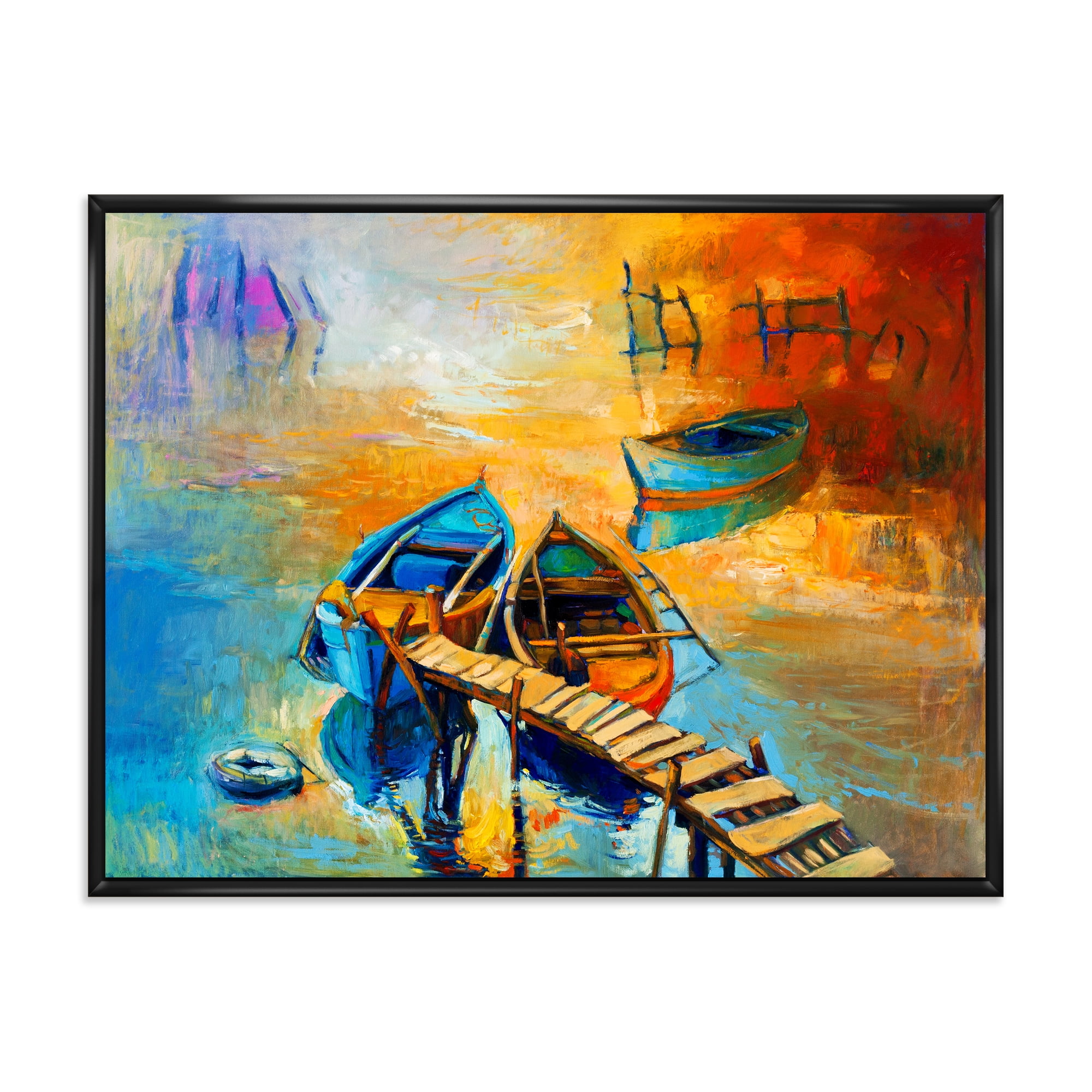 Boat At The Lake During Evening Glow V 32 in x 16 in Framed Painting Canvas Art Print, by Designart