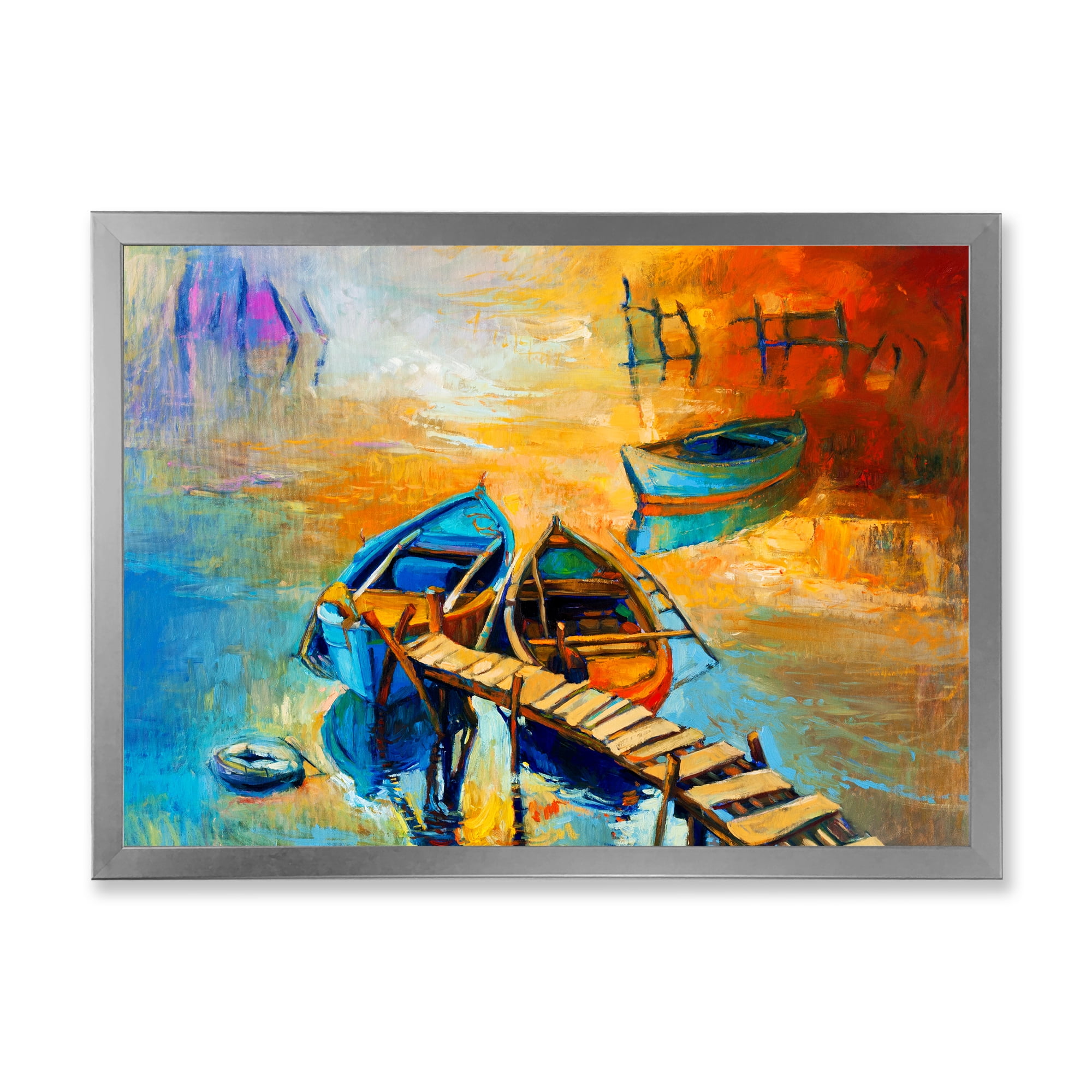 Boat At The Lake During Evening Glow V 32 in x 16 in Framed Painting Canvas Art Print, by Designart